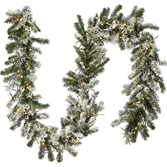  Pre-Lit Artificial Christmas Garland, Green, Snowy Green, White Lights, Decorated With Frosted Branches, Plug In, Christmas Collection, 9 Feet
