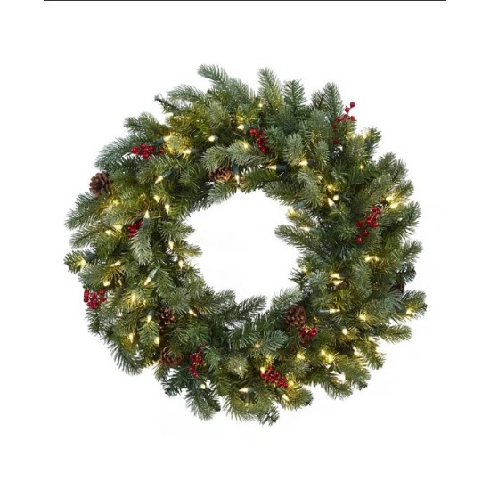  30″ Lighted Pine Wreath w/ Berries and Pine Cones