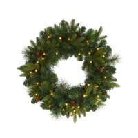 Nearly Natural Mixed Pine Artificial Christmas Wreath with 35 Clear Led Lights, Green, 24in.