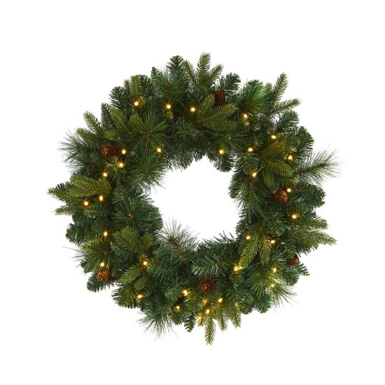  Mixed Pine Artificial Christmas Wreath with 35 Clear Led Lights, Green, 24in.