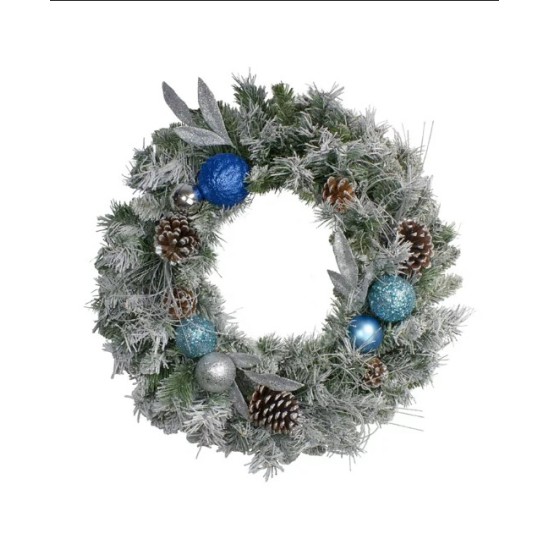  Teal and Silver Ball Flocked with Pine Cones Artificial Christmas Wreath-Unlit, 24″, Blue