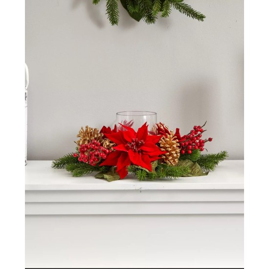 Poinsettia, Berry and Golden Pine Cone Candelabrum Artificial Arrangement
