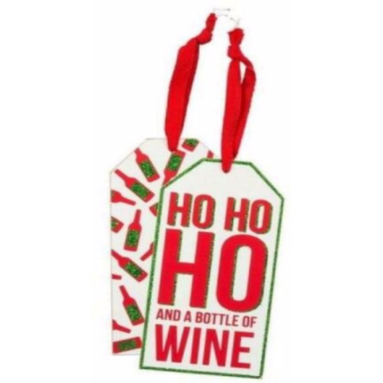  Red/White Ho Ho Ho And A Bottle Of Wine Holiday Bottle Tag, 3” x 6”