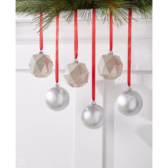 Shimmer and Light Set of 6 Shatterproof Cream & Silver-Tone Decorated Ball Ornaments