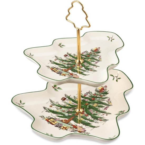  Christmas Tree Sculpted 2-Tier Server, 8” and 10”, Ivory/Green