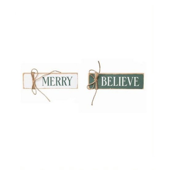  Merry and Believe Wood Wrapped Signs Set, Set of 2, Green/White