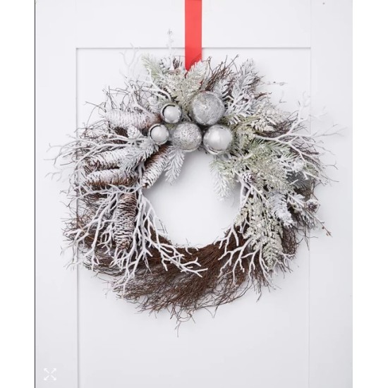 Woodland Shimmer Asymmetrical Branch and Silver-Tone Ornament Wreath