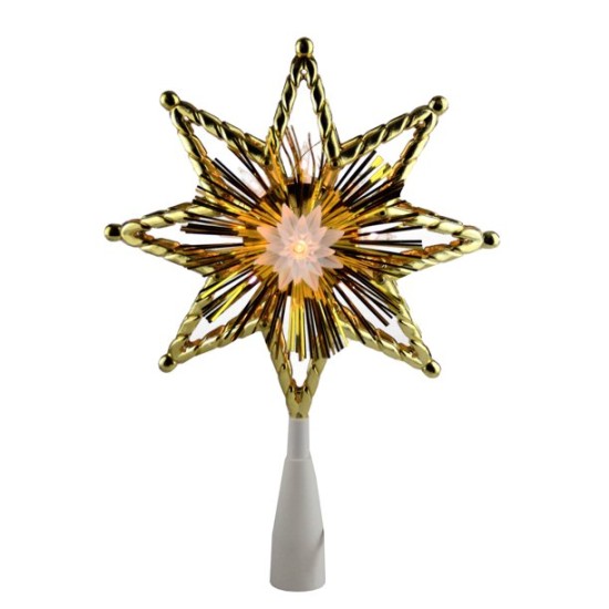8″ Gold Tinsel 8 Point Star Christmas Tree Topper – Clear Lights