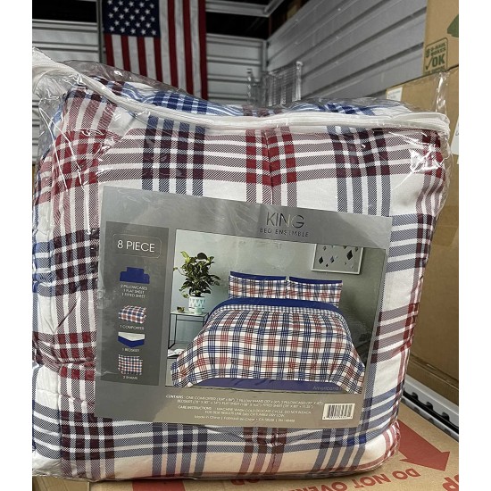8 Piece Comforter Set – King – Americana Plaid, Red/White/Blue