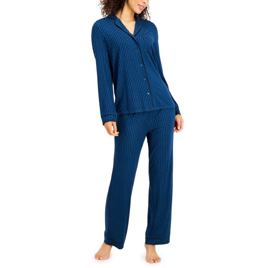  Womens Printed Ultra-Soft Pajama Sets, Navy, Medium
