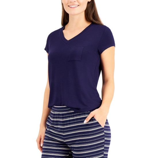  Womens Ultra Soft Knit Short Sleeve Pajama Tops, Navy, X-Small
