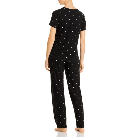  Women’s Heart Print Pajama Set, Black, X-Small