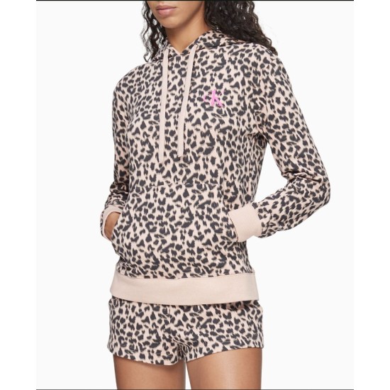  Women’s CK One Cotton Long Sleeve Sweatshirt, Sketched Leopard Print Honey Almond, X-Small