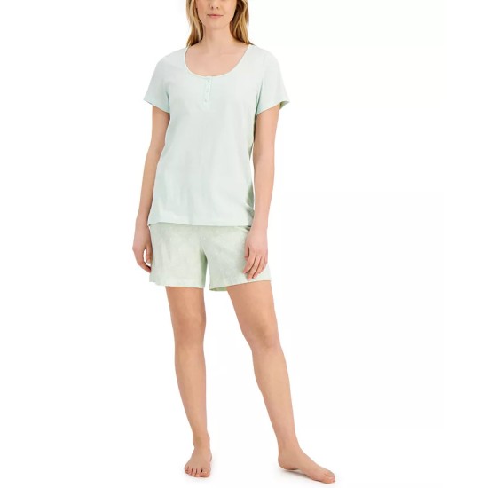  Cotton Henley & Shorts Pajama Set, Medium, Green