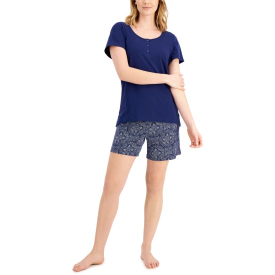  Cotton Henley & Shorts Pajama Set, Navy, X-Small