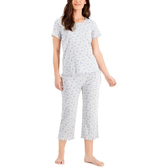  Cotton Pointelle Capri Pajama Pants Set,  Grey Roses, XX-Large