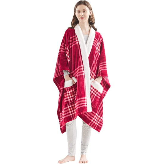  Cozy Plush Wrap 50” x70” Throw, Faux Fur Collar trim, Stay Warm with Big Pockets, Wearable Blanket,