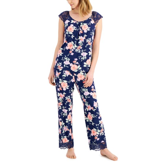  Lace-trim Pajamas Set, Navy, Medium