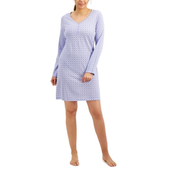  Long-Sleeve Cotton Nightgown, Navy, XSmall