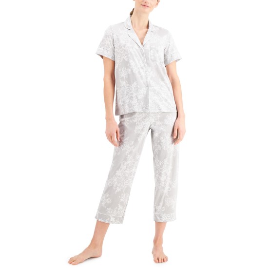  Notch Collar Capri Pants Pajama Sets, Floral Toile, Small