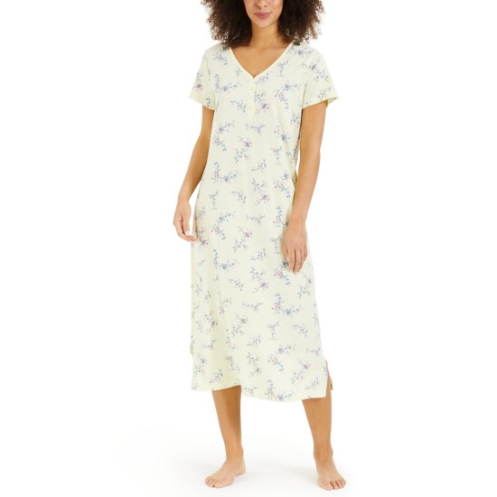  Printed Cotton Short Sleeve Nightgown, Yellow, Medium
