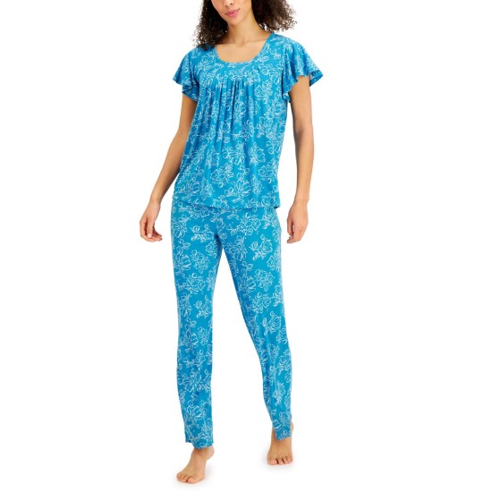  Printed Pleated-Front Pajama Sets, Navy, X-Small