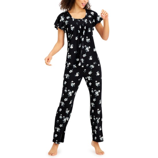  Printed Pleated-Front Pajama Sets, Black, Small
