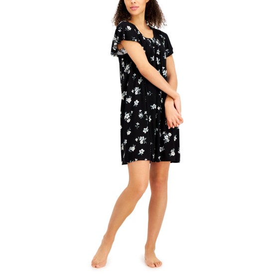  Printed Pleat-Front Chemise Nightgown, Black, Small