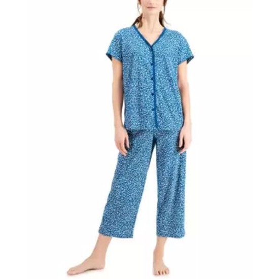  Short Sleeve Top and Cropped Pant Cotton Pajama Sets, Navy, X-Small