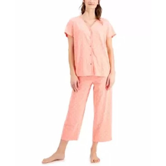  Short Sleeve Top and Cropped Pant Cotton Pajama Sets, Pink, X-Small