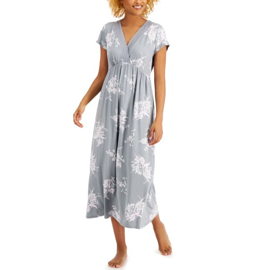  Womens Floral-Print Surplice Long Nightgowns, Gray, Small