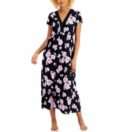  Womens Floral-Print Surplice Long Nightgowns, Black, X-Small