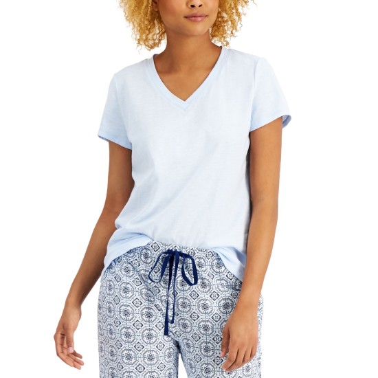  Womens Short Sleeve V-Neck Pajama Top (Small, Light Blue)