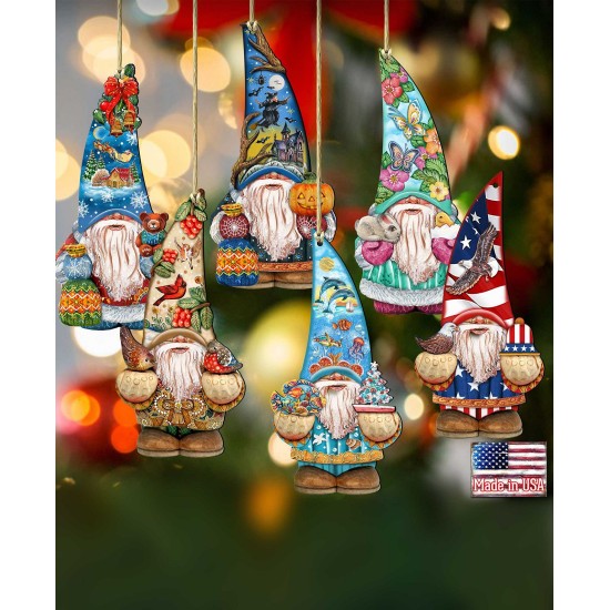  6 Piece Holidays Dwarfs Gnomes Wood Ornaments Set, Multi