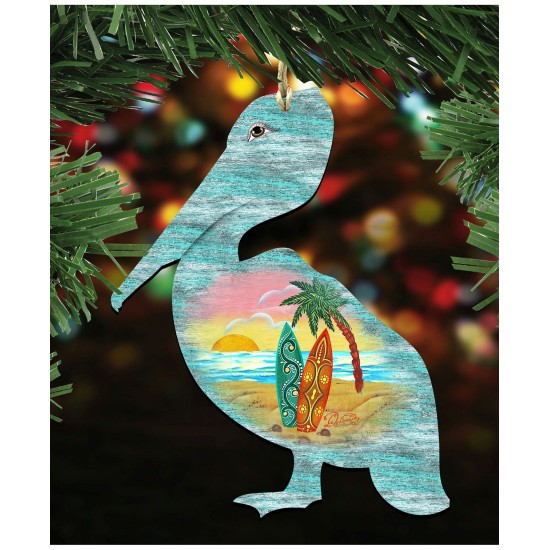  Pelican Scenic Wooden Christmas Ornament, Set of 2, Blue