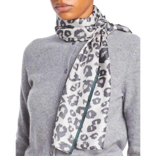  Leopard Print Silk Scarf, Gray, One Size
