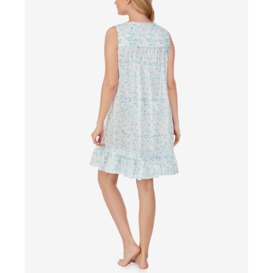  Women’s Printed Cotton Nightgown, White/Aqua Print, Small