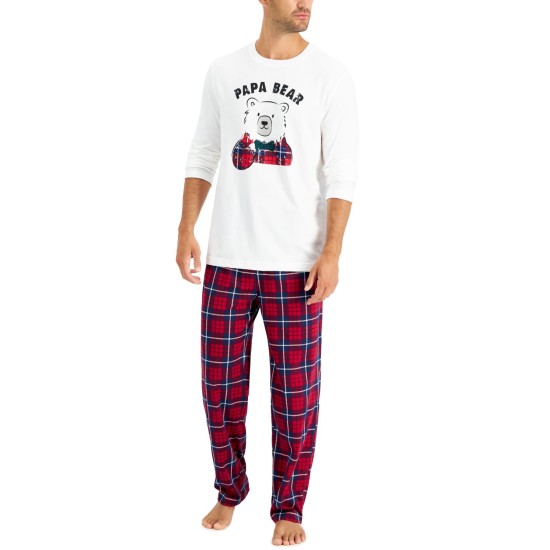  Matching Mens Papa Bear Novel Bear Plaid Pajama Set, Red, Small