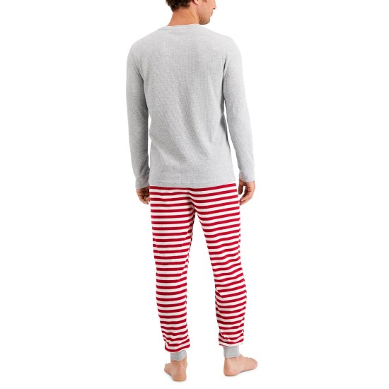  Matching Men’s Solid Top & Striped Pants Thermal Pajama Set, White/Red, Small