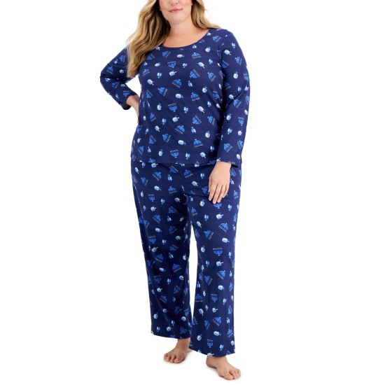  Womens Matching Plus Size Hanukkah Pajama Set, Navy, 1X