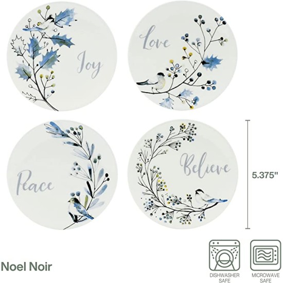  Noel Noir Set of 4 Holiday Appetizer Plates, 5.37-Inch, Multicolored