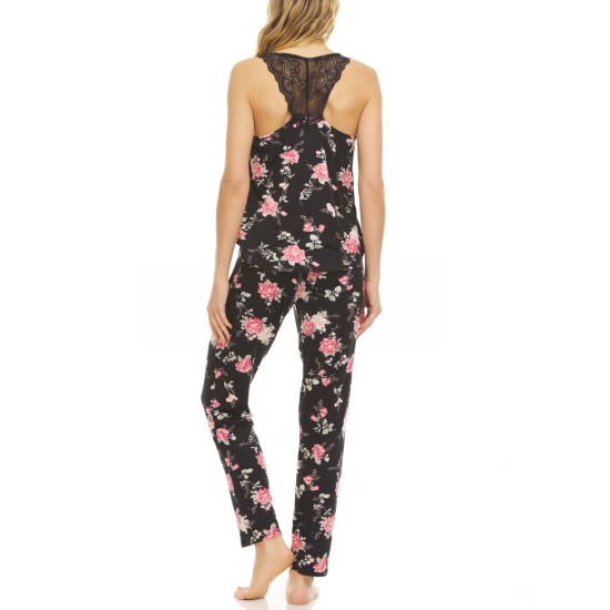  Lace Trim Tank Top & Pajama Pants Set, Black, Medium