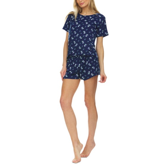 Flora by  Printed Ribbed Shorts Pajama Set, Navy, Large