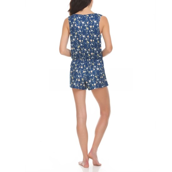 Women's Pearl Print Henley Rompers, Navy, Large