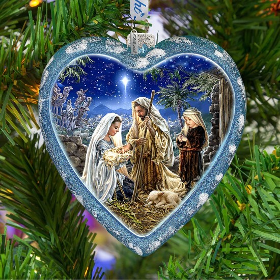  Holy Family Glass Heart Ornament, Multi, 3 x 5.5 x 5