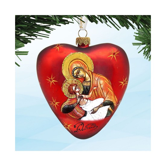  Mary and Jesus Glass Heart Ornament, 3.5″, Red
