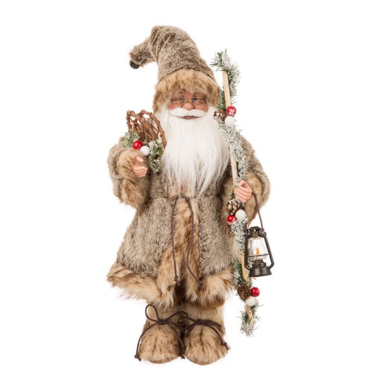  Handmade Faux Fur Santa Figurine Christmas Holiday Decoration Ornaments, Brown, 18”