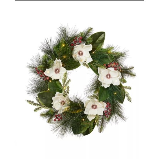  Iced Magnolia Berry Pine Wreath with Lights