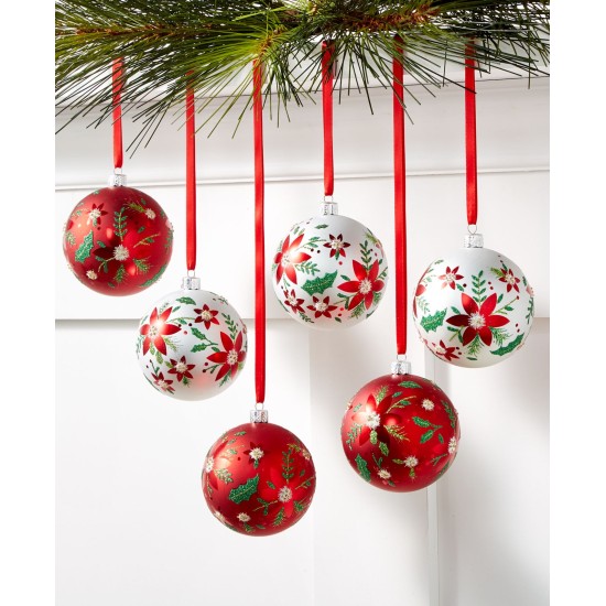  Christmas Cheer Set of 6 Shatterproof White and Red Flower Pattern