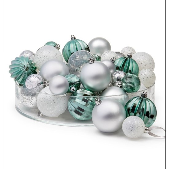 Holiday Lane Cozy Christmas Set of 50 Shatterproof White, Green & Silver-Tone Ball Ornament